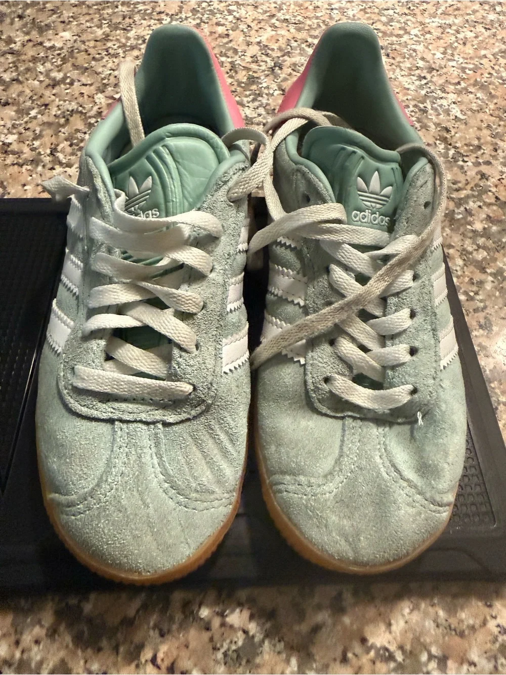 Adidas 12Y Girls Gazelle Sneakers in Suede Mint Green with White Stripes